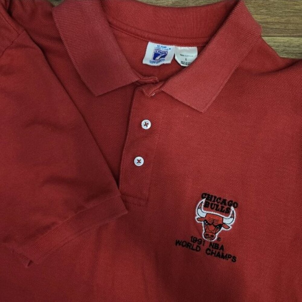 Vtg 1991 Chicago Bulls‎ World Champs LOGO 7 Red Polo Shirt Size L